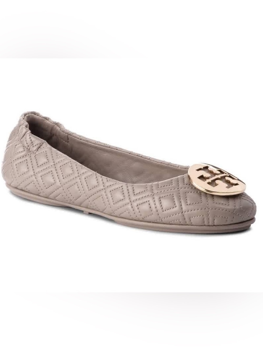 Tory Burch Gray Monogram Taupe Quilted Logo Minnie Ballet Flats Size 7.5